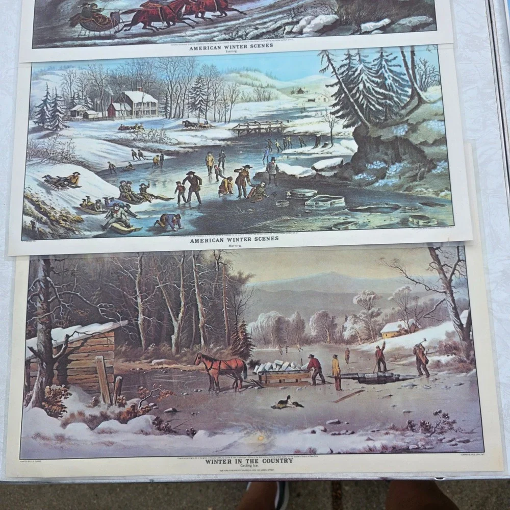 Vintage Currier & Ives Placemats Set of 8 Multicolor American‎ Winter Scenes
